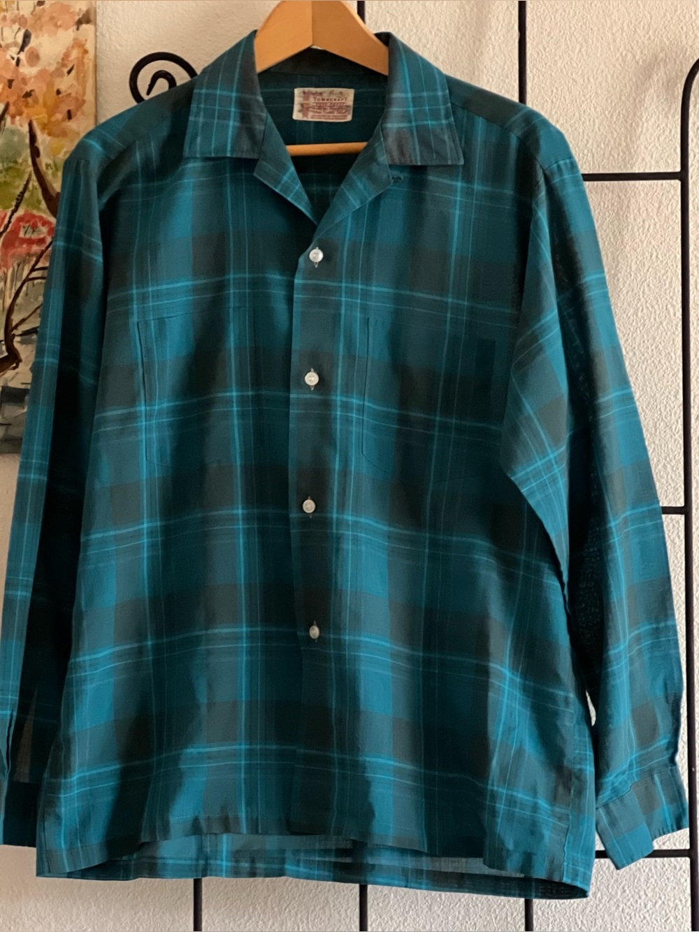 Vintage 1960s Towncraft Teal Shadow Plaid Camp Collar Shirt - Men’s Large
